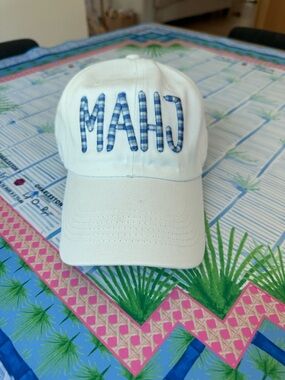 White Baseball Cap with Blue Gingham 'MAHO' Applique